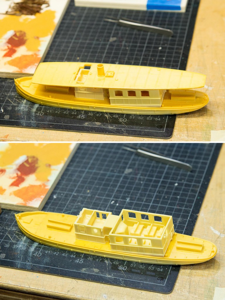 Zum Schluss kommen wir noch zu einem schönen Highlight. Diesen gelben Rohling, der einmal ein Fischkutter war, hat Gaston in fünf Tagen Arbeit zu einem Glasbodenboot umgebaut.